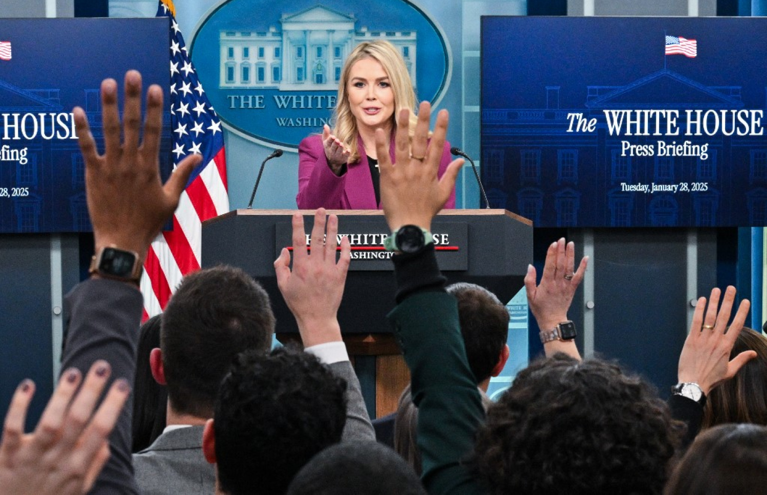 ވައިޓް ހައުސްގެ އާ ޕްރެސް ސެކްރެޓަރީ ކެރޮލީން ލީވިޓަށް ސުވާލުކުރުމަށް ނޫސްވެރިން ފުރުސަތު ހޯދަން އަތް ނަގަނީ. -- ފޮޓޯ: އޭއެފްޕީ