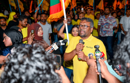 MDP's Chairperson Fayyaz Ismail at the rally organised by the party to voice out against the government last night -- Photo: Nishan Ali | Mihaaru