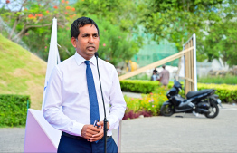 Economic Minister Mohamed Saeed speaking at the opening ceremony of Maldives Marine Expo 2025 -- Photo: Fayaz Moosa | Mihaaru