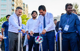 Economic Minister Mohamed Saeed and Fisheries Minister Ahmed Shiyam inaugurating the "Maldives Marine Expo 2025", one of the largest events in the country for marine vessels: The expo will run until next Tuesday at Central Park, Hulhumalé --Photo: Fayaz Moosa | Mihaaru