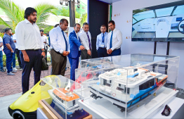 Economic Minister Saeed and Fisheries Minister Shiyam observe the items displayed at the Maldives Marine Expo 2025, one of the largest marine events in the country -- Photo: Fayaz Moosa | Mihaaru