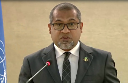 Foreign Minister Haleel addressing the Human Rights Council today. - Photo - Foreign Ministry