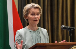 President of the European Commission Ursula von der Leyen speaks during a joint press conference following the 8th South Africa-European Union (SA-EU) Summit at Tuynhuys in Cape Town on March 13, 2025. (Photo by Rodger Bosch / AFP)