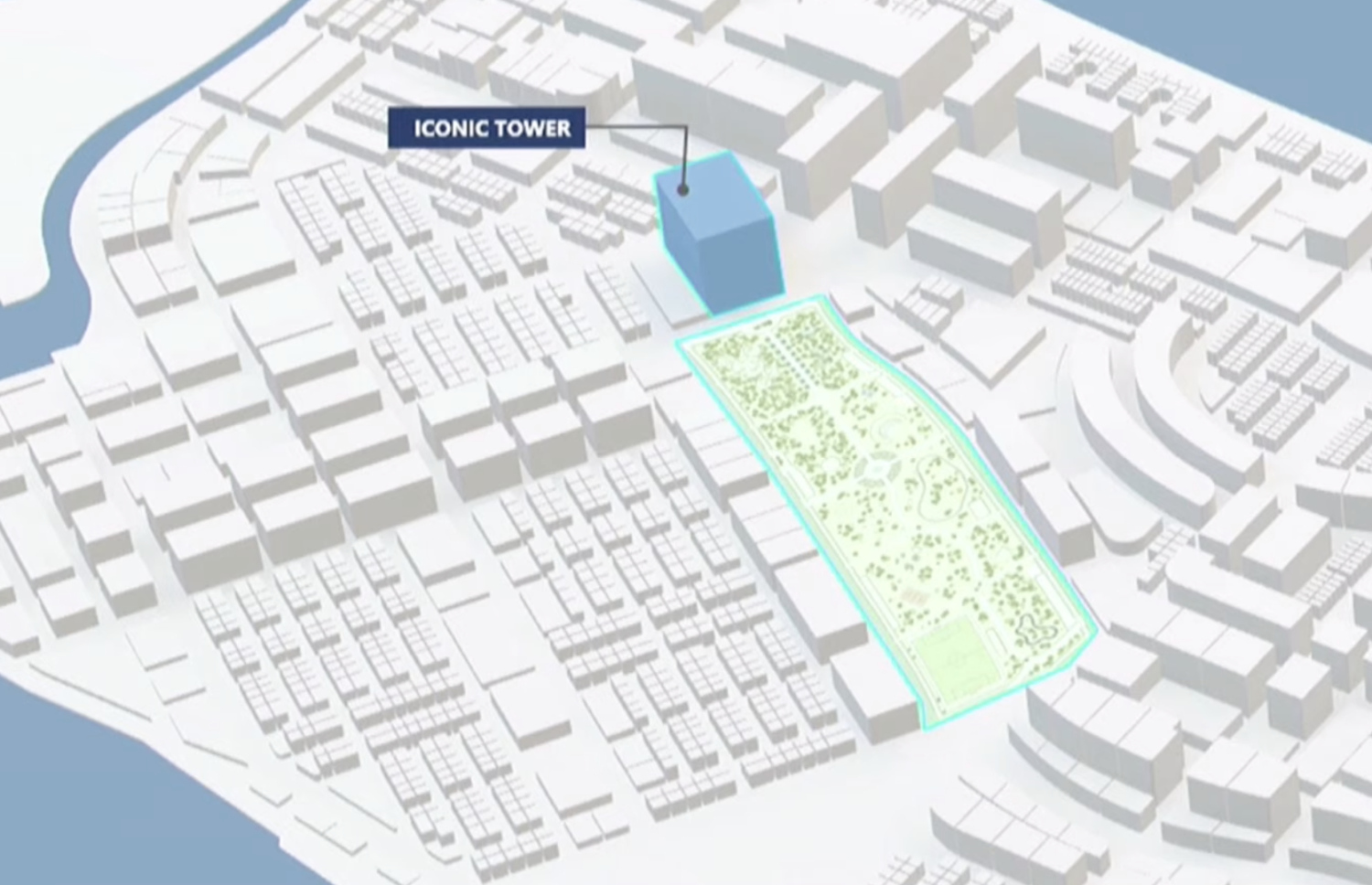 ހުޅުމާލެ ރަމްޒުކޮށްދޭ 100 މީޓަރު އުސް ޓަވަރު އަޅާ ސަރަހައްދު ދައްކައިދޭ ތުރީޑީ މޮޑެލް.