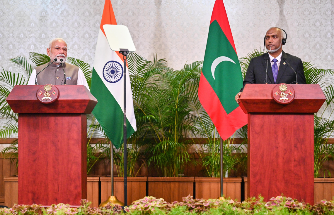 ރާއްޖޭގެ ރައީސް މުއިއްޒާއި އިންޑިއާގެ ބޮޑުވަޒީރު މޯދީ ދެ ގައުމުގެ ގުޅިފައިވާ ބަޔާން މިއަދު އިއްވަވަނީ.---ފޮޓޯ: ފަޔާޒު މޫސާ| މިހާރު