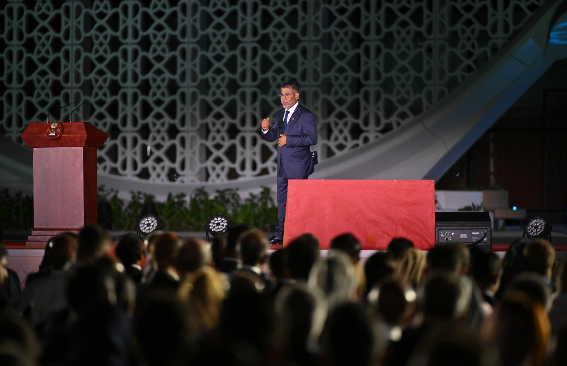 ވެލާނާ އިންޓަނޭޝަނަލް އެއާޕޯޓުގެ އާ ޓާމިނަލް ހުޅުވުމުގެ ރަސްމިއްޔާތުގައި އެމްއޭސީއެލްގެ މެނޭޖިން ޑިރެކްޓަރު ޝަރީފް ވާހަކަ ދައްކަނީ.---ފޮޓޯ: ރައީސް އޮފީސް