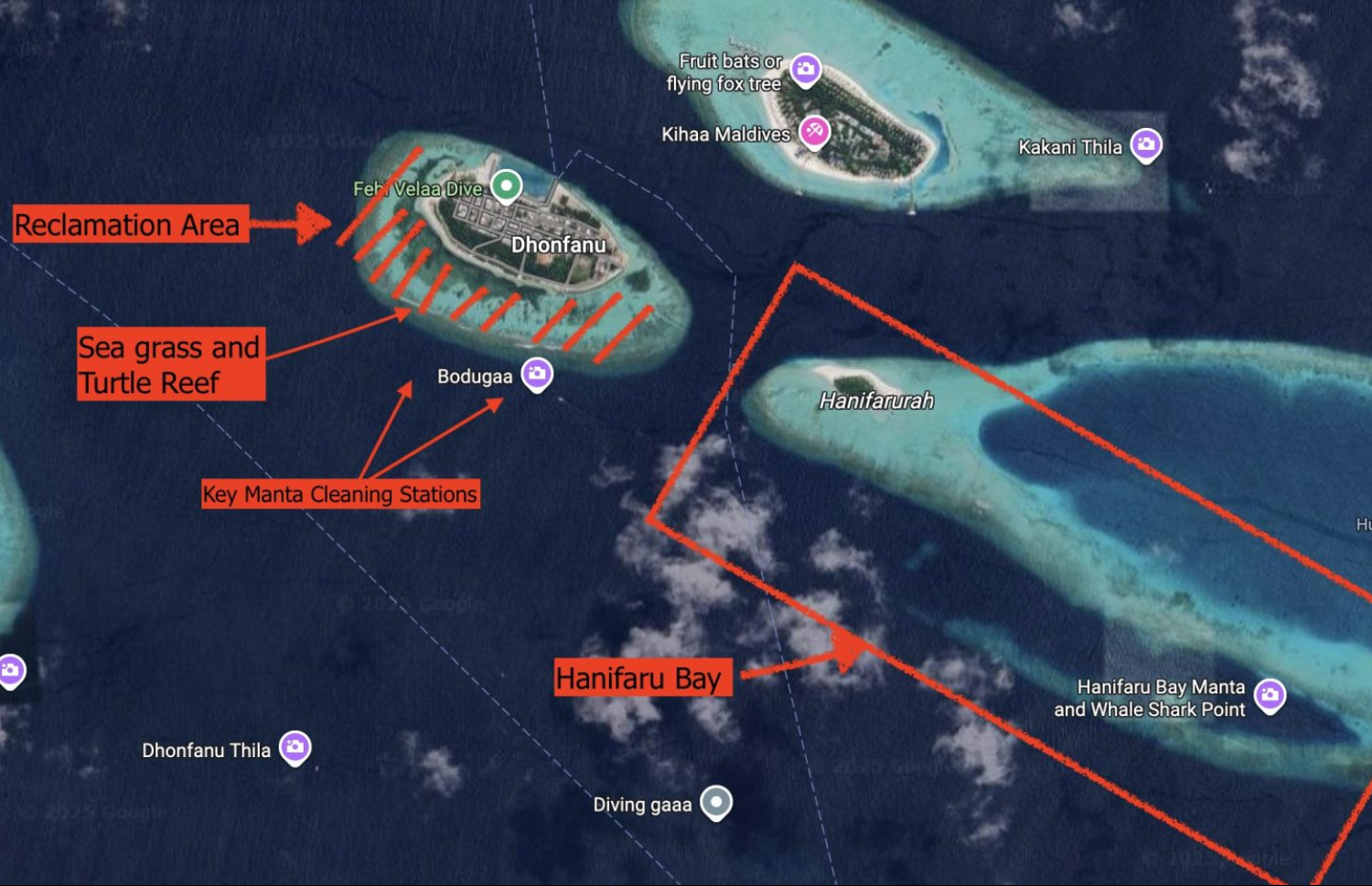 ބ. ދޮންފަނުން ހިއްކަން ކަނޑައަޅާފައިވާ ސަރަހައްދާއި އެ ރަށުގެ ވަށައިގެންވާ ކަނޑުގެ ދިރުންތަކުން މުއްސަނދި ސަރަހައްދުތައް މެޕުގައި ފާހަގަކޮށްފައި.-- ފޮޓޯ: މަންޓާ ނޯމެޑް ޑައިވާސް