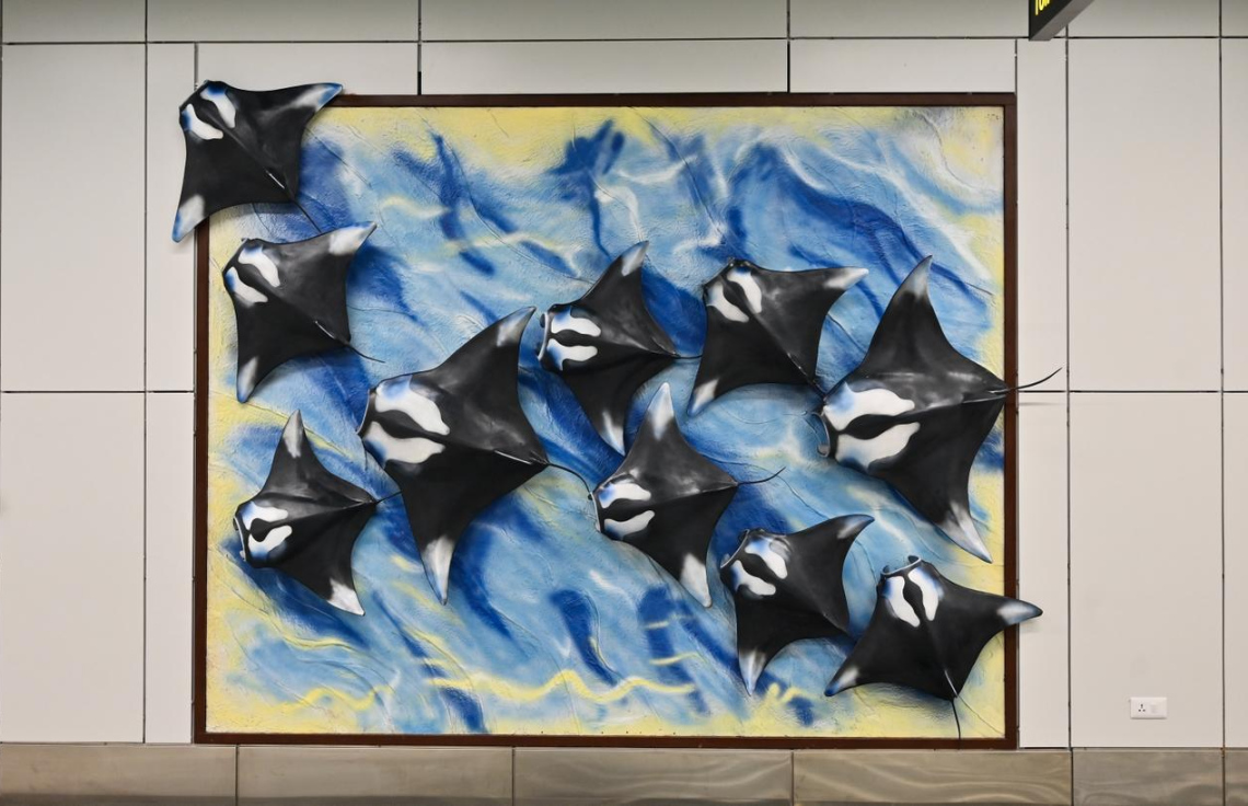 ހަނިމާދޫ އިންޓަނޭޝަނަލް އެެއާޕޯޓްގެ އެތެރޭގައި ހުރި ކަނޑުގެ ދިރުންތައް ފެންނަ ކުރެހުމެއް: އެ އެއާޕޯޓް ތަރައްގީކޮށް މިރޭ ވަނީ ހުޅުވައިފައި.-- ފޮޓޯ: ނިޝާން އަލީ | މިހާރު