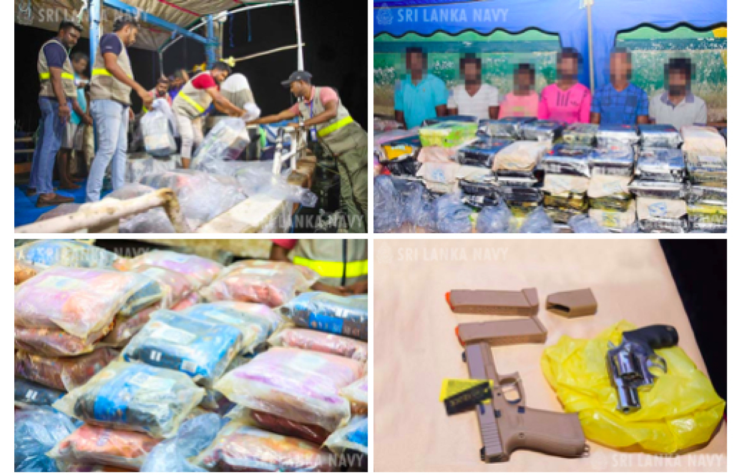 ސްރީ ލަންކާ ސިފައިން އަތުލައިގަތް މަސްތުވާތަކެއްޗާއި މީހުން އަދި ހަތިޔާރު. -- ފޮޓޯ: ލަންކާ ނޭވީ